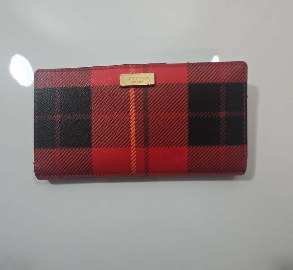 Kate Spade Woodland Plaid Stacy Bifold Wallet Red Black